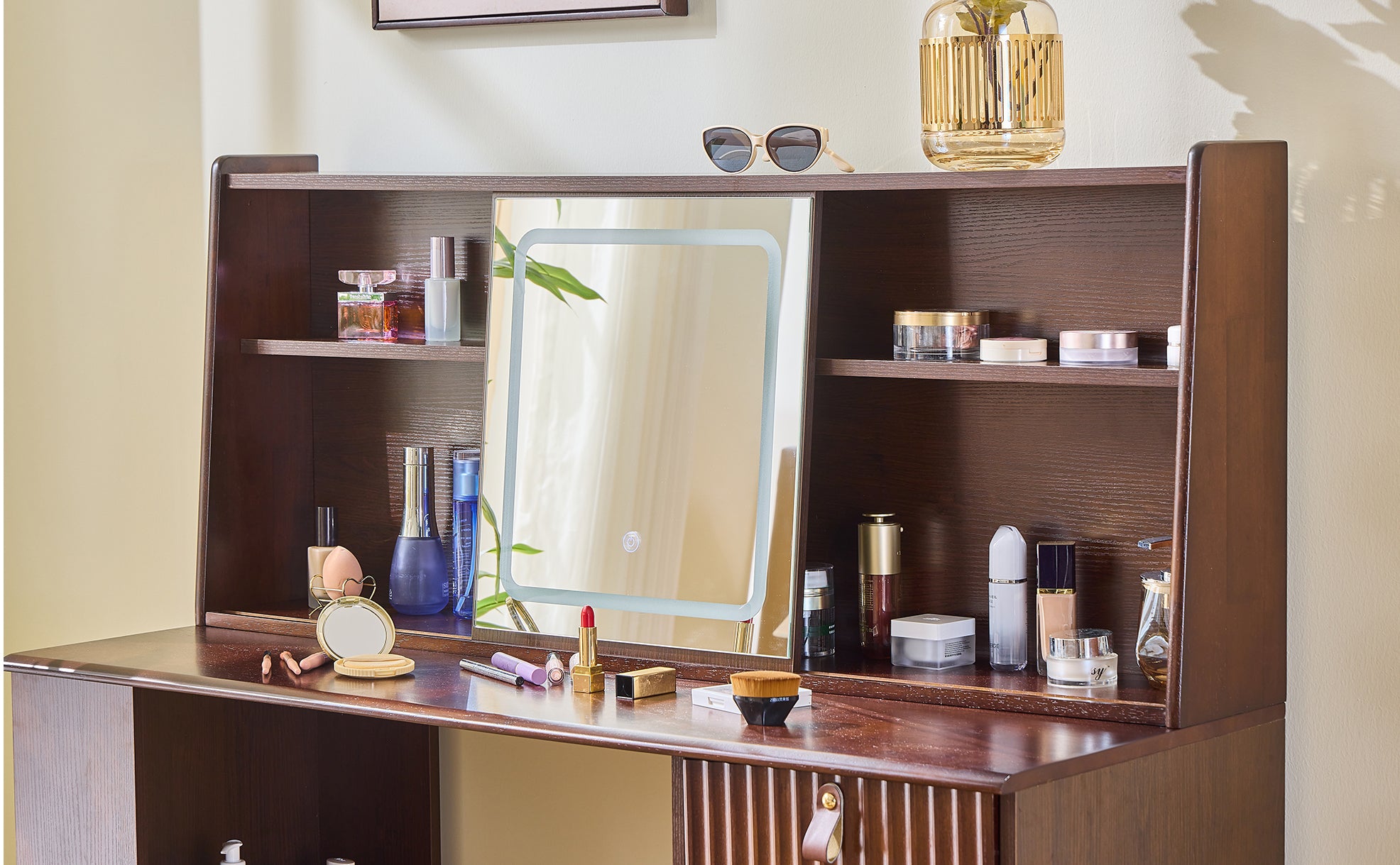 Elegant makeup vanity desk with 3 modes Adjustable Lighted Mirror,modern dressing table set with large shelves, drawer and canbinet,Walnut