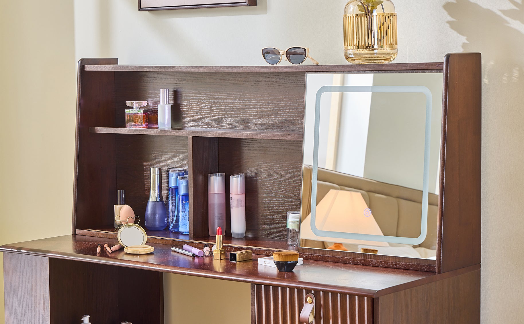 Elegant makeup vanity desk with 3 modes Adjustable Lighted Mirror,modern dressing table set with large shelves, drawer and canbinet,Walnut