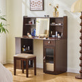 Elegant makeup vanity desk with 3 modes Adjustable Lighted Mirror,modern dressing table set with large shelves, drawer and canbinet,Walnut