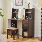 Elegant makeup vanity desk with 3 modes Adjustable Lighted Mirror,modern dressing table set with large shelves, drawer and canbinet,Walnut