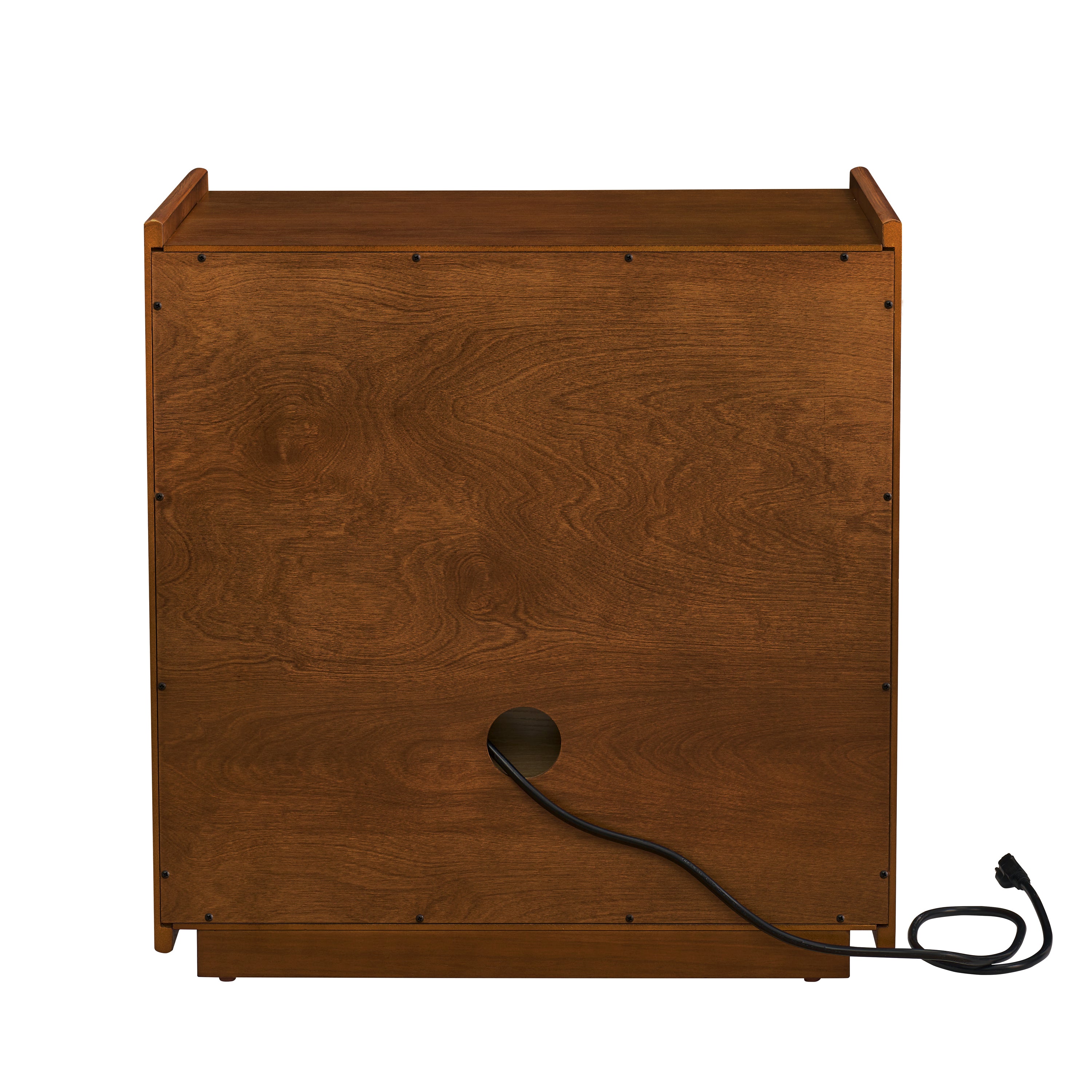 Mid Century Modern Nightstand with Charging Station & Outlet Hole & 2 Drawers, Farmhouse End Table with Open Shelf & Glass Drawer Dresser, Side Cabinet for Living Room Reception Room Dorm, Dark Walnut