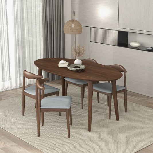 Ada Mid Century Modern Style Solid Wood Walnut Oval Dining Table and 4 Side Chairs