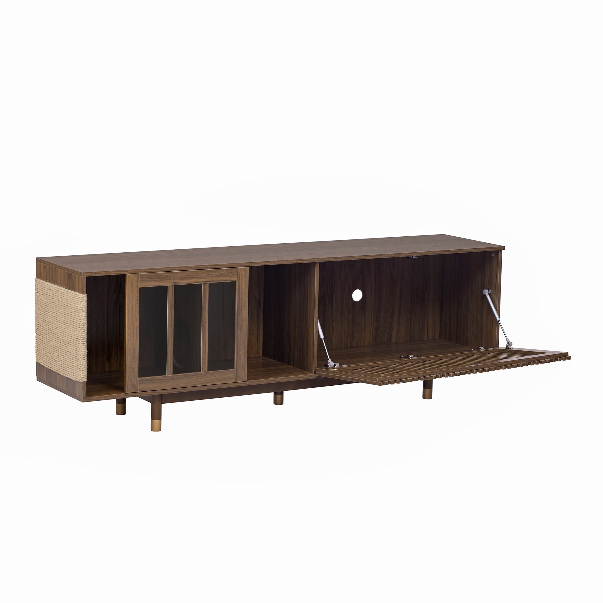 Mid-Century Modern style 2 in 1 PET FRIENDLY Walnut TV STAND Cat house With Sliding glass door flip-down