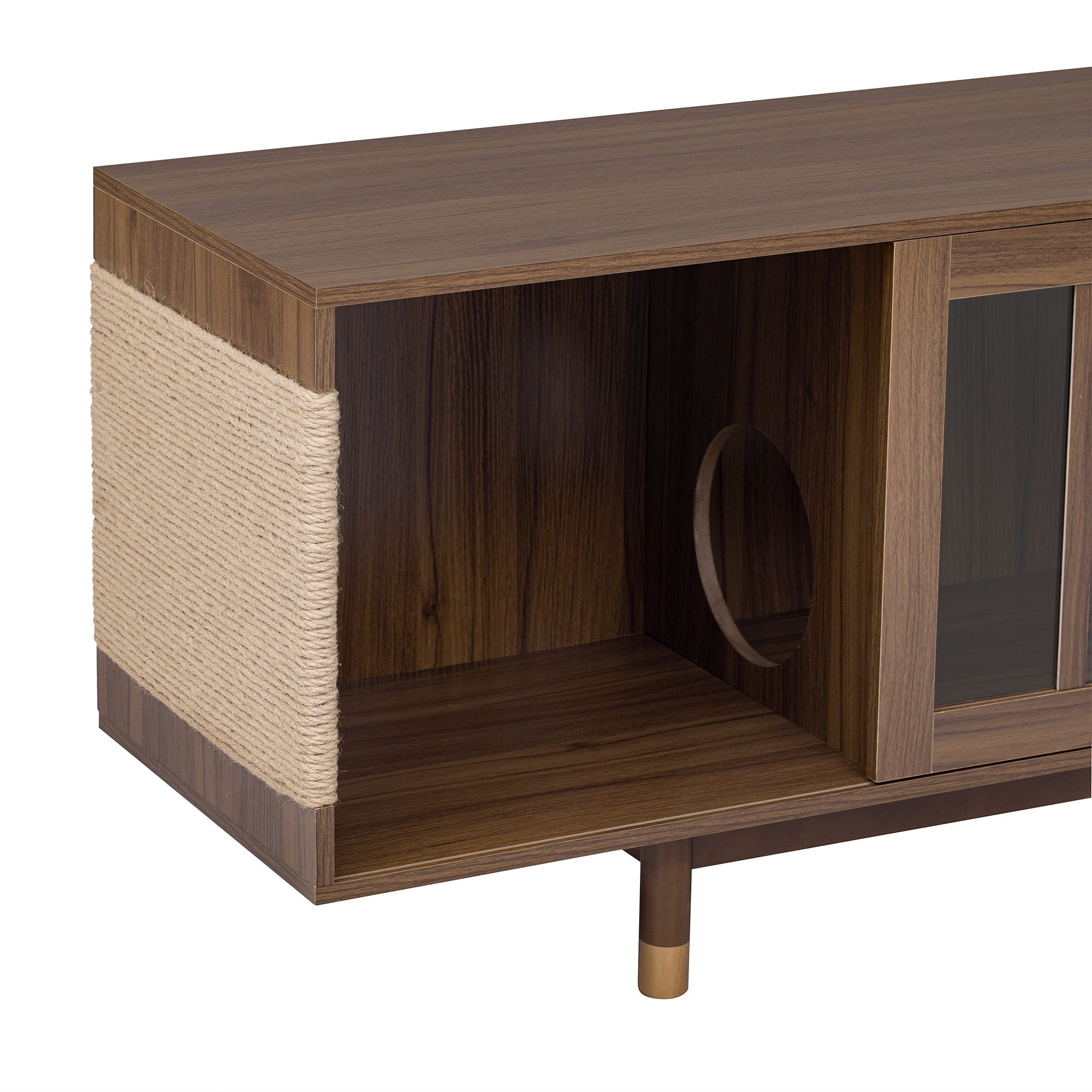 Mid-Century Modern style 2 in 1 PET FRIENDLY Walnut TV STAND Cat house With Sliding glass door flip-down