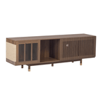 Mid-Century Modern style 2 in 1 PET FRIENDLY Walnut TV STAND Cat house With Sliding glass door flip-down