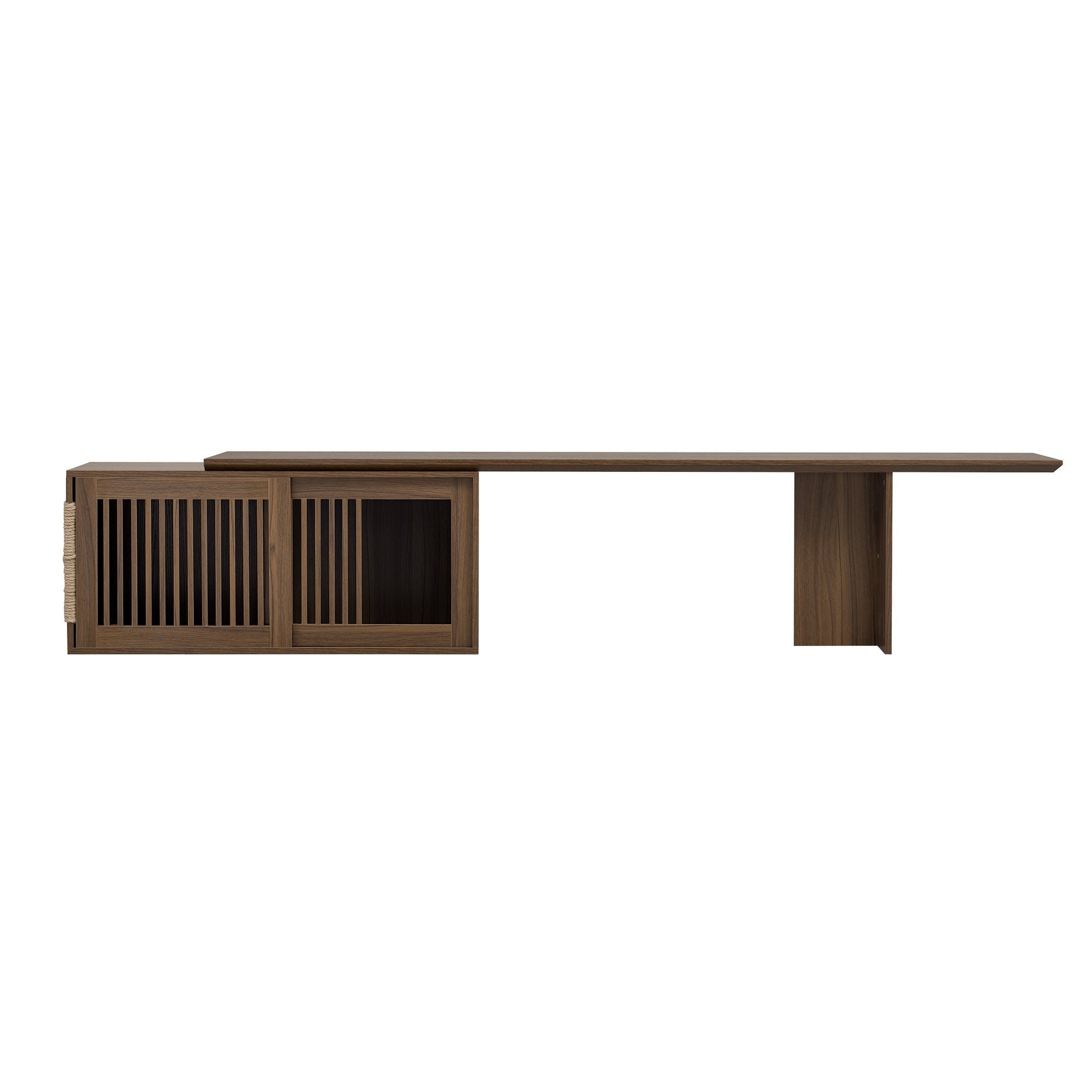 Mid-Century Modern 2 in 1 PET FRIENDLY Walnut TV Stand With Extendable table Soft cushion Sliding door Cat friendly furniture