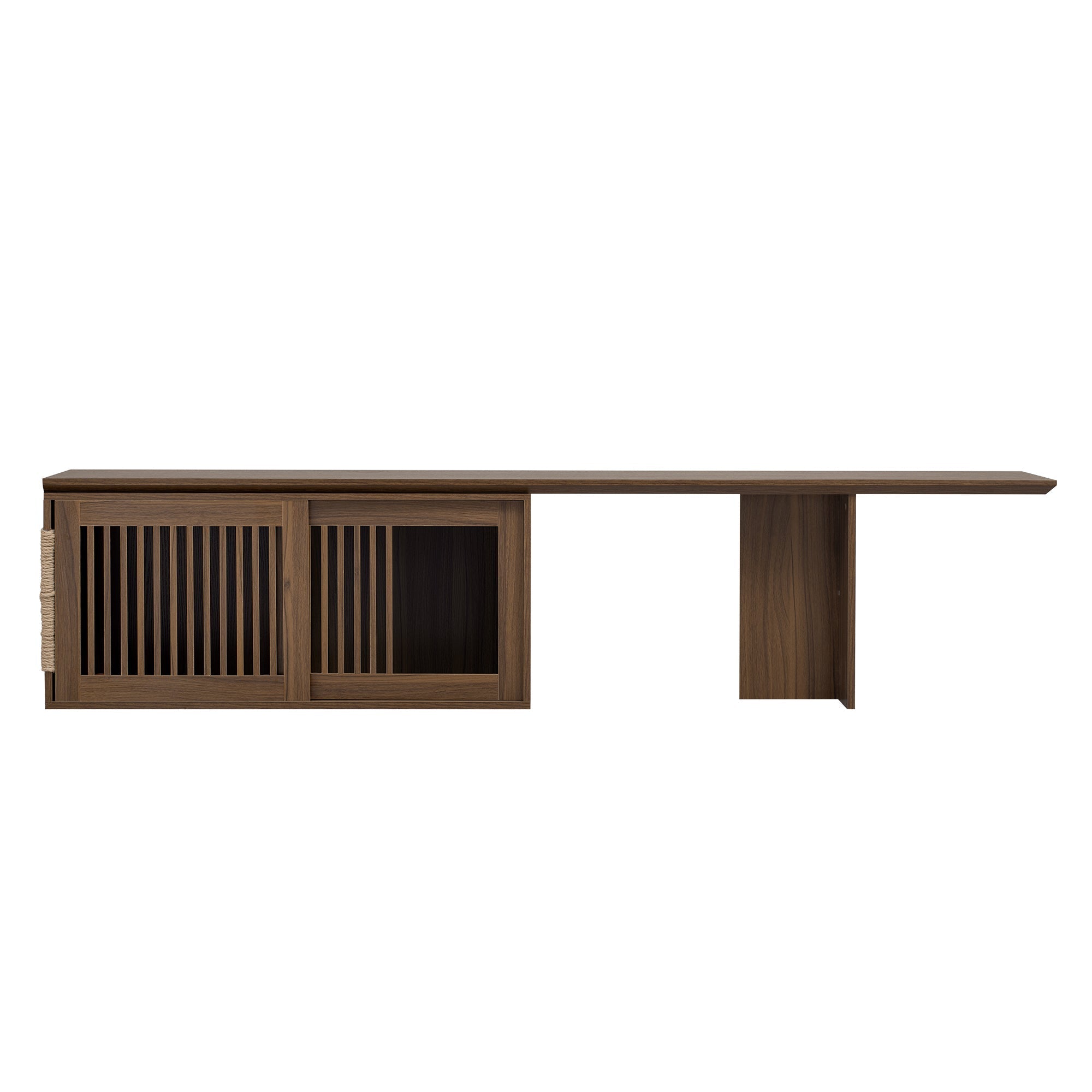 Mid-Century Modern 2 in 1 PET FRIENDLY Walnut TV Stand With Extendable table Soft cushion Sliding door Cat friendly furniture