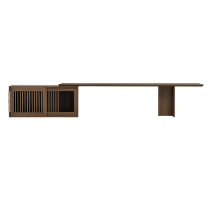 Mid-Century Modern 2 in 1 PET FRIENDLY Walnut TV Stand With Extendable table Soft cushion Sliding door Cat friendly furniture