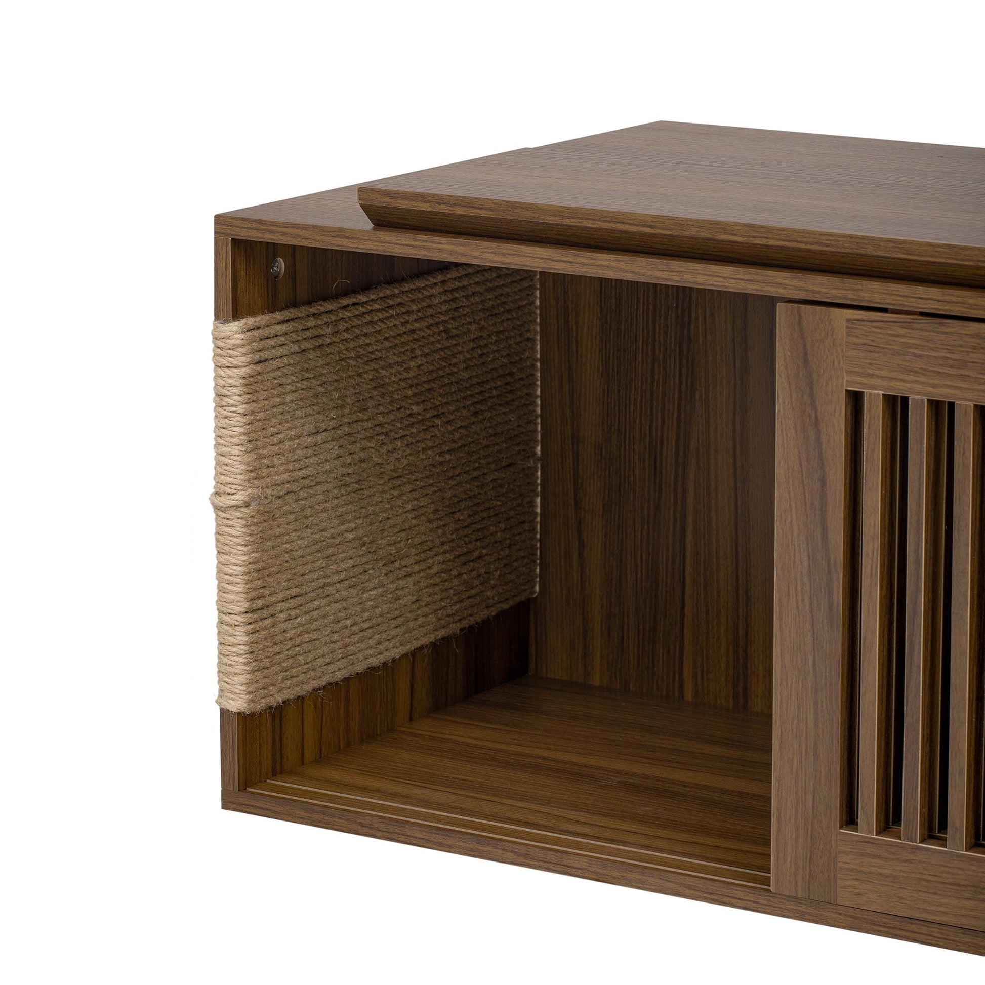Mid-Century Modern 2 in 1 PET FRIENDLY Walnut TV Stand With Extendable table Soft cushion Sliding door Cat friendly furniture