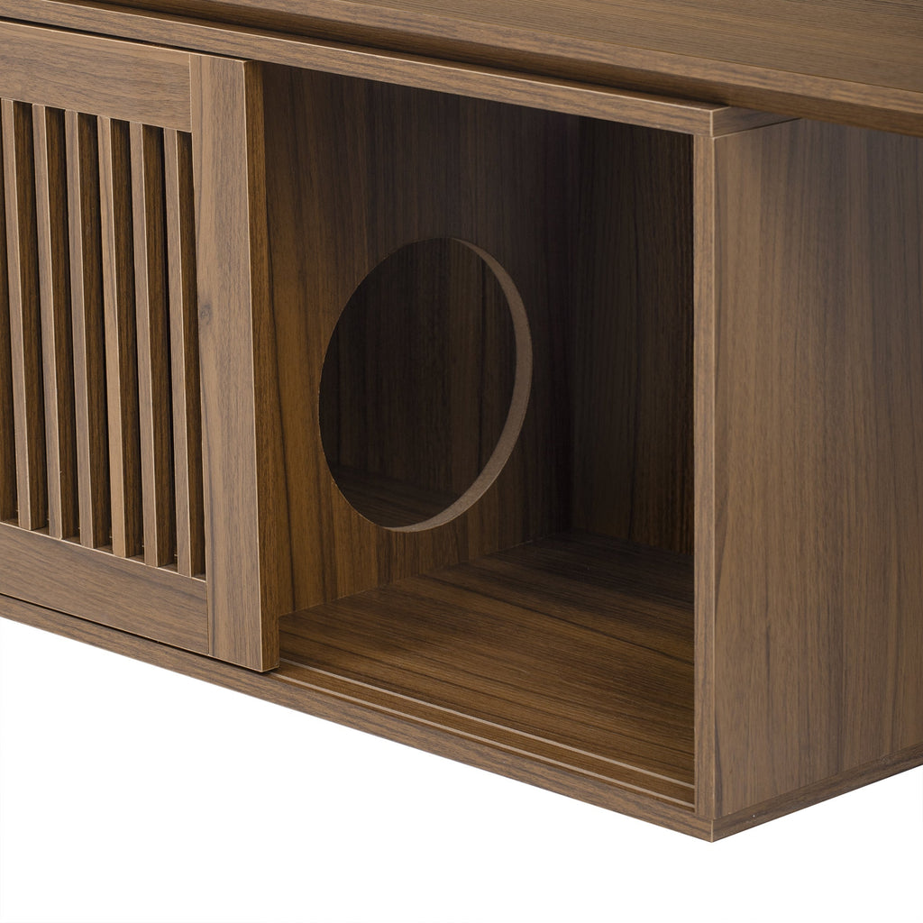 Mid-Century Modern 2 in 1 PET FRIENDLY Walnut TV Stand With Extendable table Soft cushion Sliding door Cat friendly furniture
