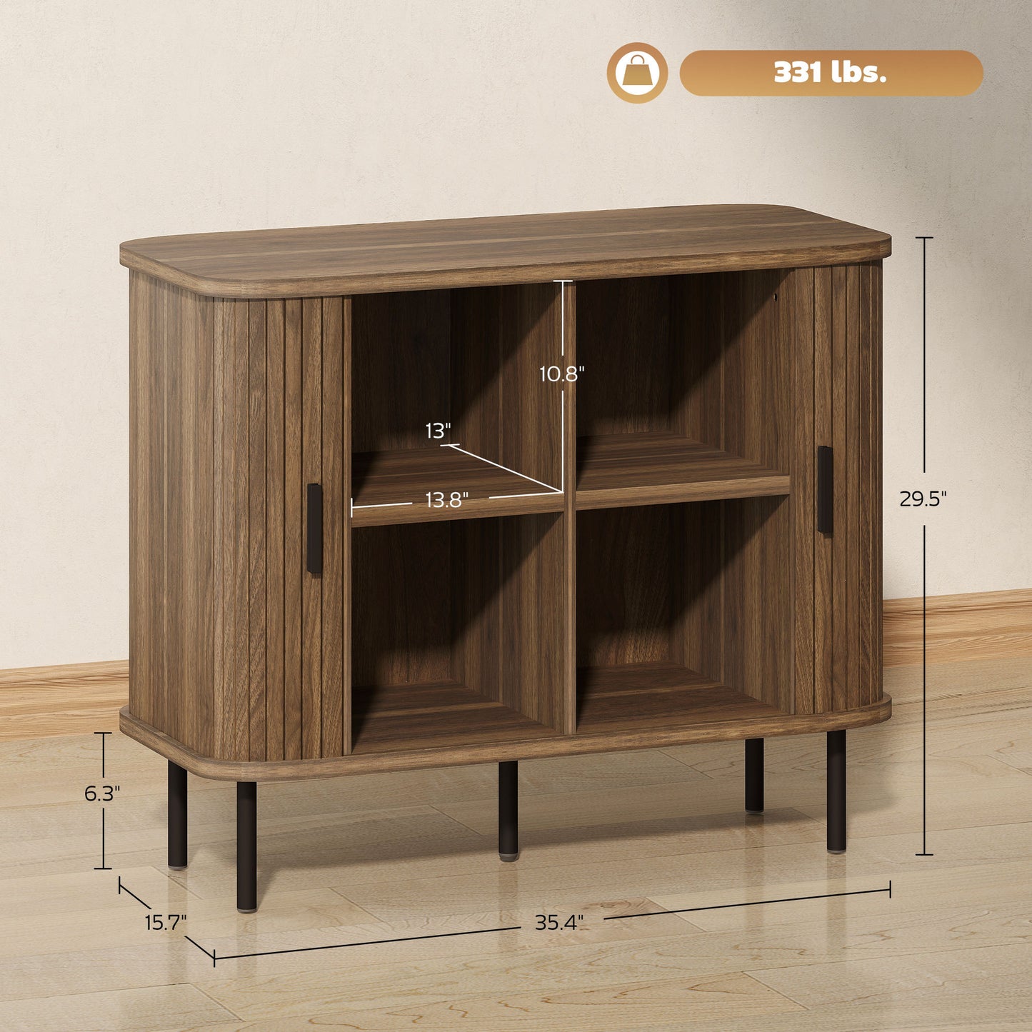 Storage Cabinet Sideboard Buffet Cabinet with Storage, Nordic Coffee Bar Cabinet with Slatted Tambour Doors and Metal Legs, Walnut Buffets