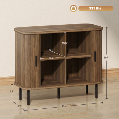 Storage Cabinet Sideboard Buffet Cabinet with Storage, Nordic Coffee Bar Cabinet with Slatted Tambour Doors and Metal Legs, Walnut Buffets