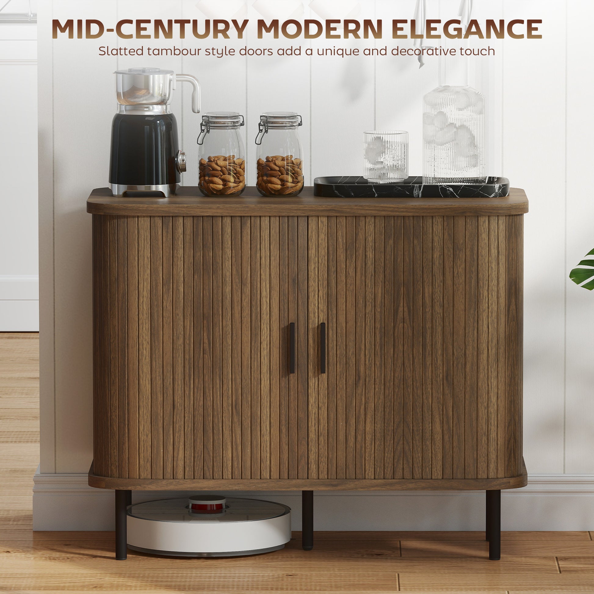 Storage Cabinet Sideboard Buffet Cabinet with Storage, Nordic Coffee Bar Cabinet with Slatted Tambour Doors and Metal Legs, Walnut Buffets