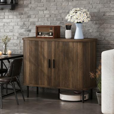Storage Cabinet Sideboard Buffet Cabinet with Storage, Nordic Coffee Bar Cabinet with Slatted Tambour Doors and Metal Legs, Walnut Buffets