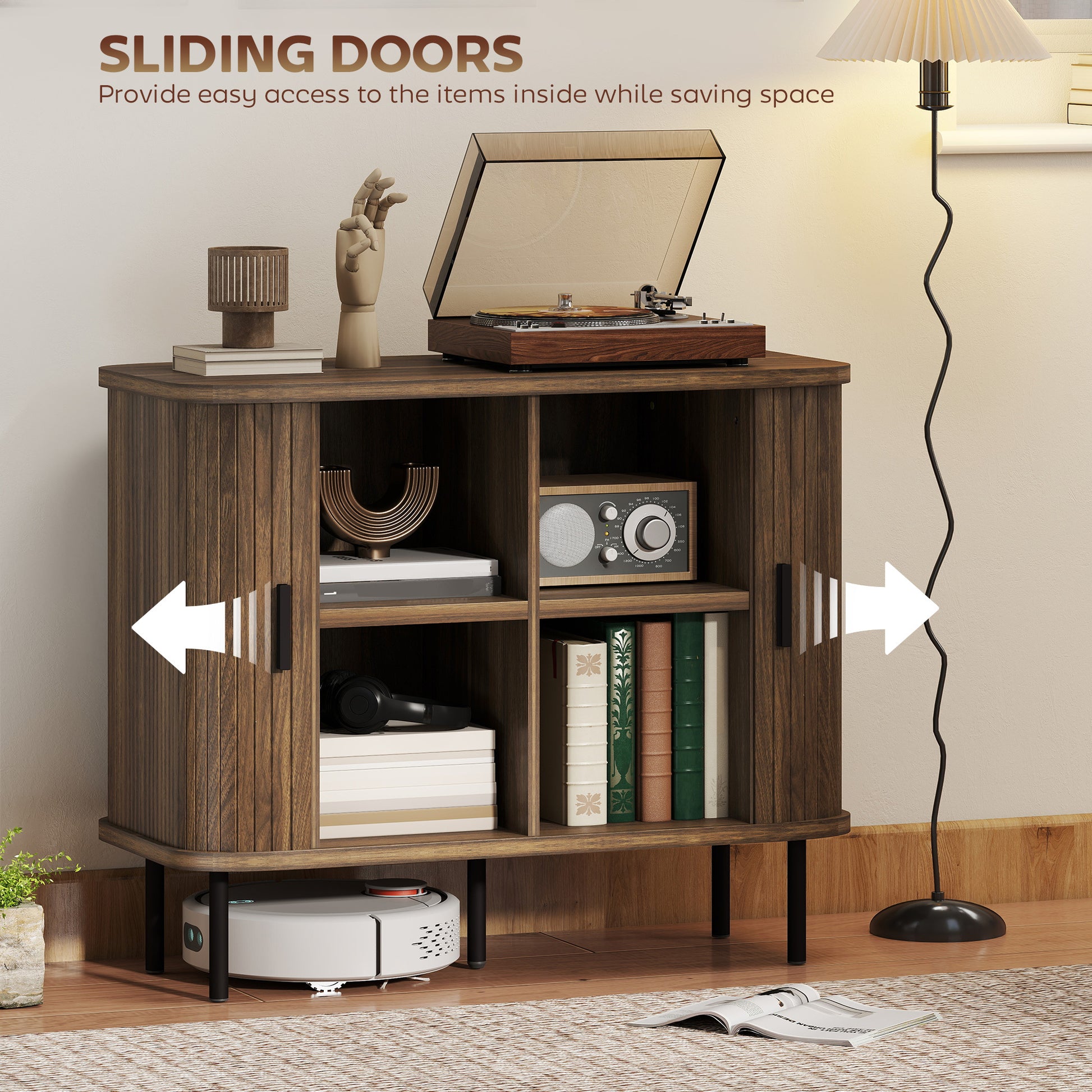 Storage Cabinet Sideboard Buffet Cabinet with Storage, Nordic Coffee Bar Cabinet with Slatted Tambour Doors and Metal Legs, Walnut Buffets