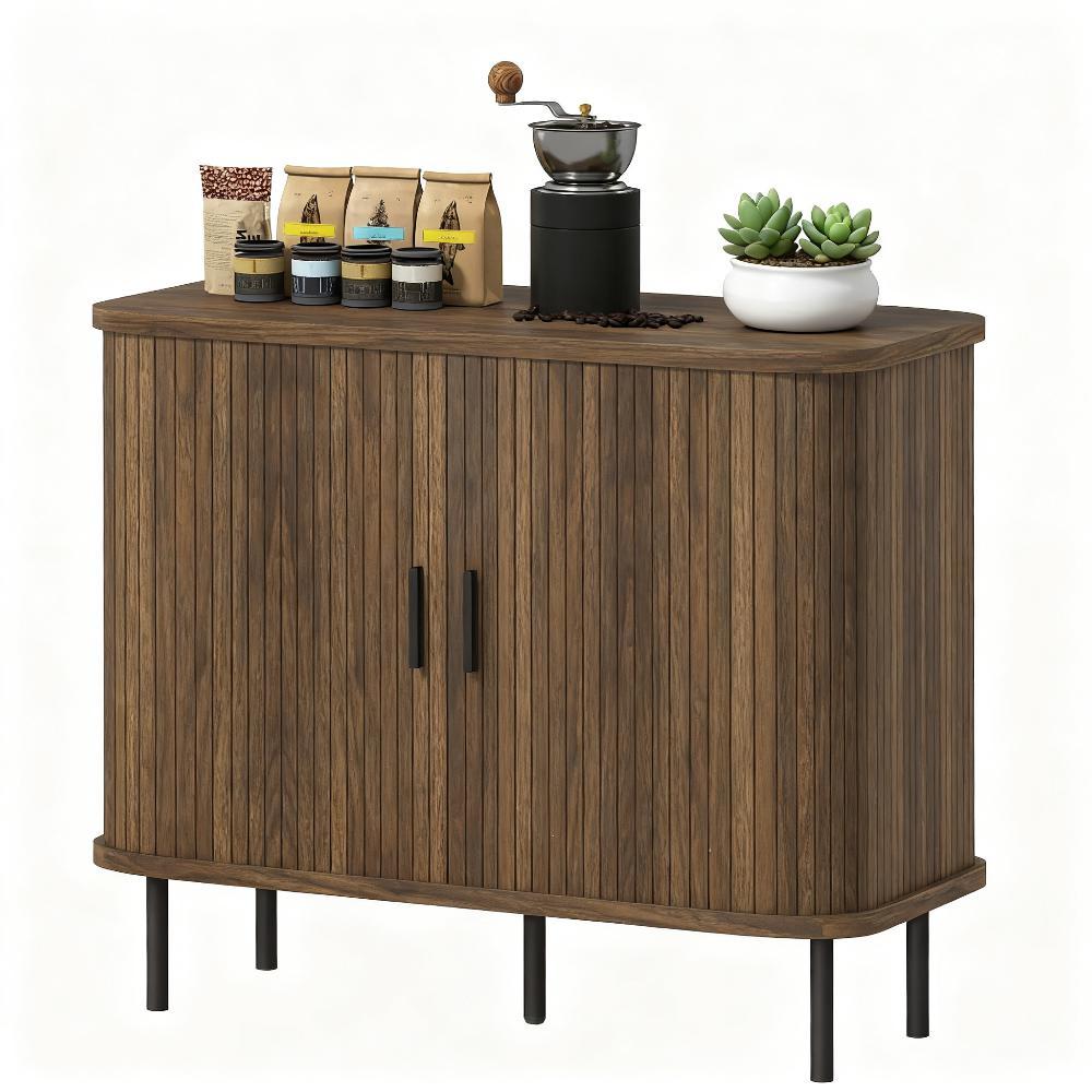 Storage Cabinet Sideboard Buffet Cabinet with Storage, Nordic Coffee Bar Cabinet with Slatted Tambour Doors and Metal Legs, Walnut Buffets