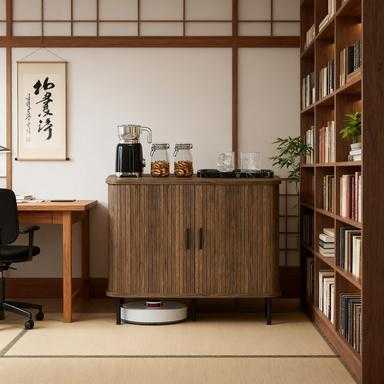 Storage Cabinet Sideboard Buffet Cabinet with Storage, Nordic Coffee Bar Cabinet with Slatted Tambour Doors and Metal Legs, Walnut Buffets