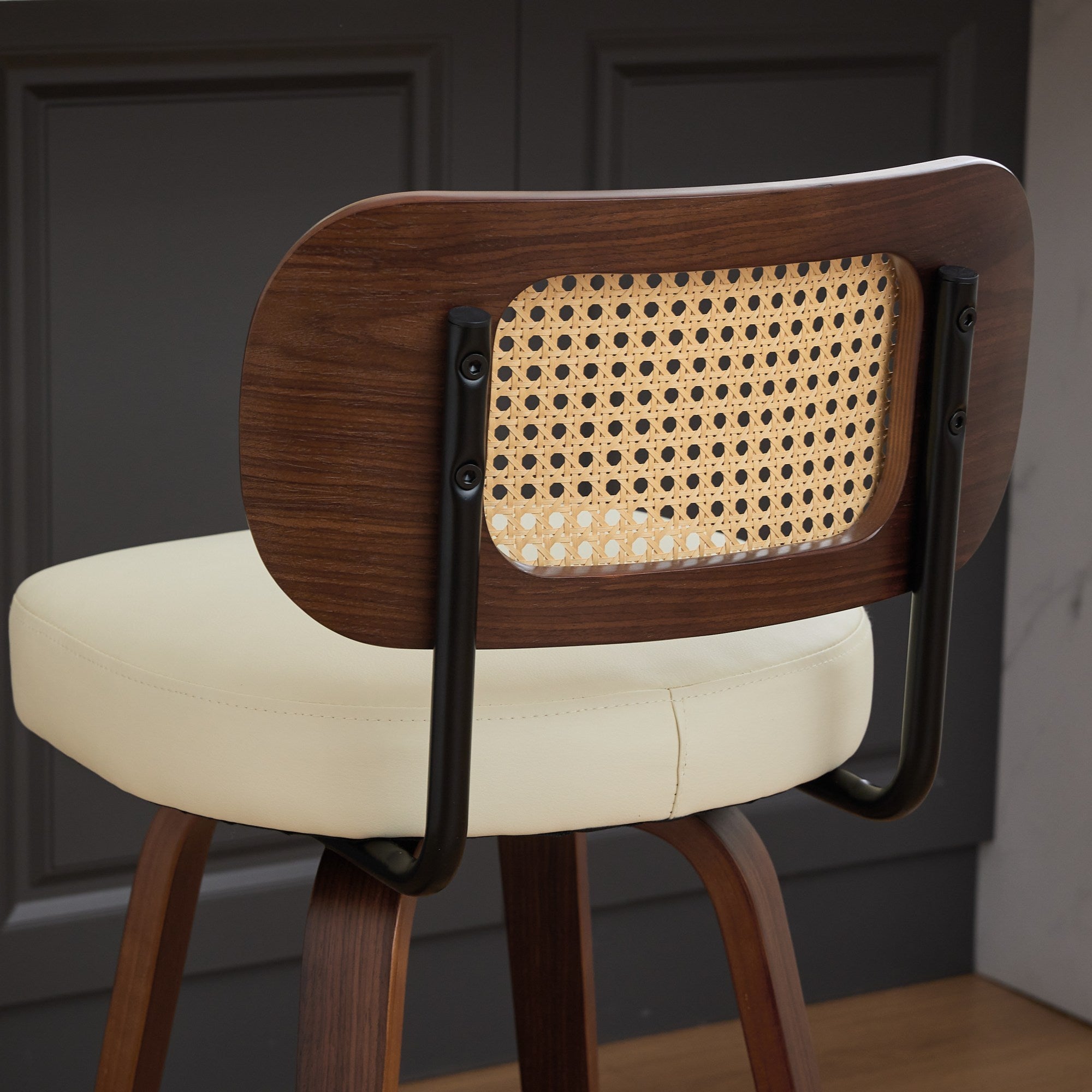 Walnut Rattan Swivel Counter Height Bar Stools.