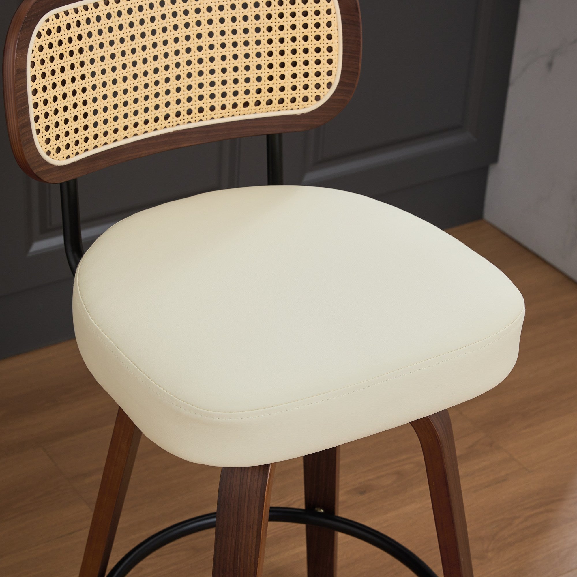 Walnut Rattan Swivel Counter Height Bar Stools.