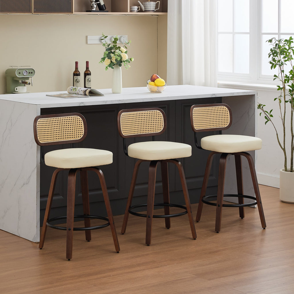 Walnut Rattan Swivel Counter Height Bar Stools.