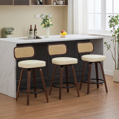 Set of 3 Counter Height Bar Stools - 26 inch Rattan Counter Height Stools with Cane Back, Upholstered Seat, Walnut Craftsmanship, Swivel Counter Stools for Island/Kitchen/Counter/Bar (Walnut /Beige)