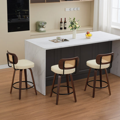 Set of 3 Counter Height Bar Stools - 26 inch Rattan Counter Height Stools with Cane Back, Upholstered Seat, Walnut Craftsmanship, Swivel Counter Stools for Island/Kitchen/Counter/Bar (Walnut /Beige)