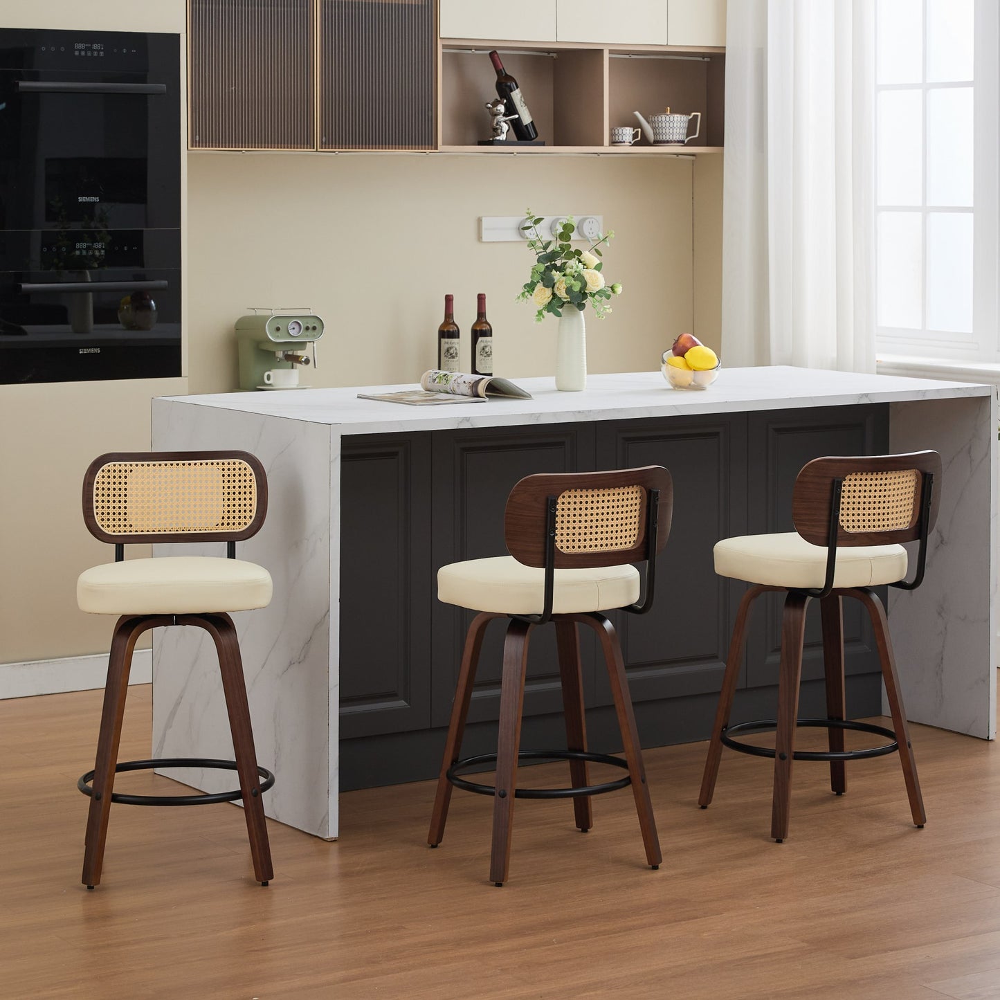 Set of 3 Counter Height Bar Stools - 26 inch Rattan Counter Height Stools with Cane Back, Upholstered Seat, Walnut Craftsmanship, Swivel Counter Stools for Island/Kitchen/Counter/Bar (Walnut /Beige)