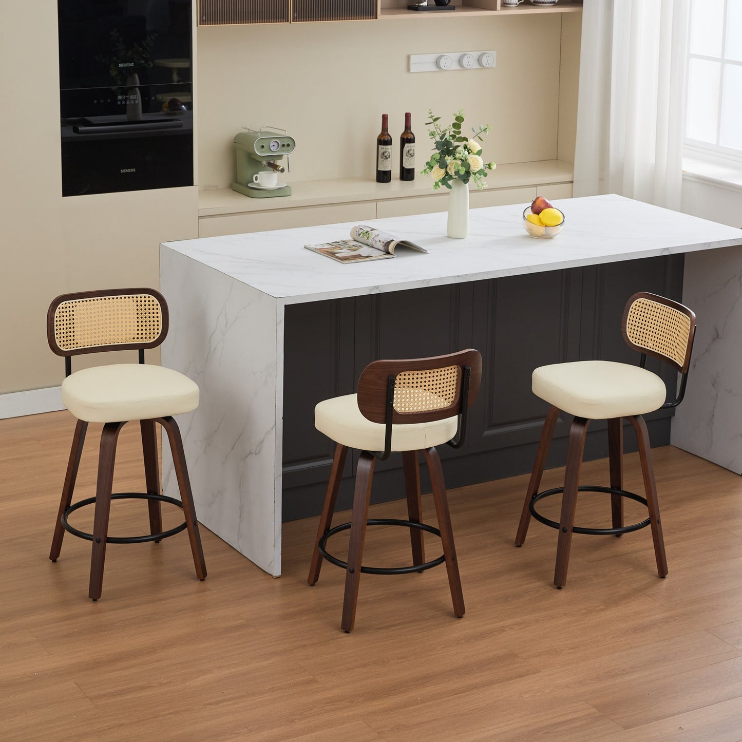 Set of 3 Counter Height Bar Stools - 26 inch Rattan Counter Height Stools with Cane Back, Upholstered Seat, Walnut Craftsmanship, Swivel Counter Stools for Island/Kitchen/Counter/Bar (Walnut /Beige)