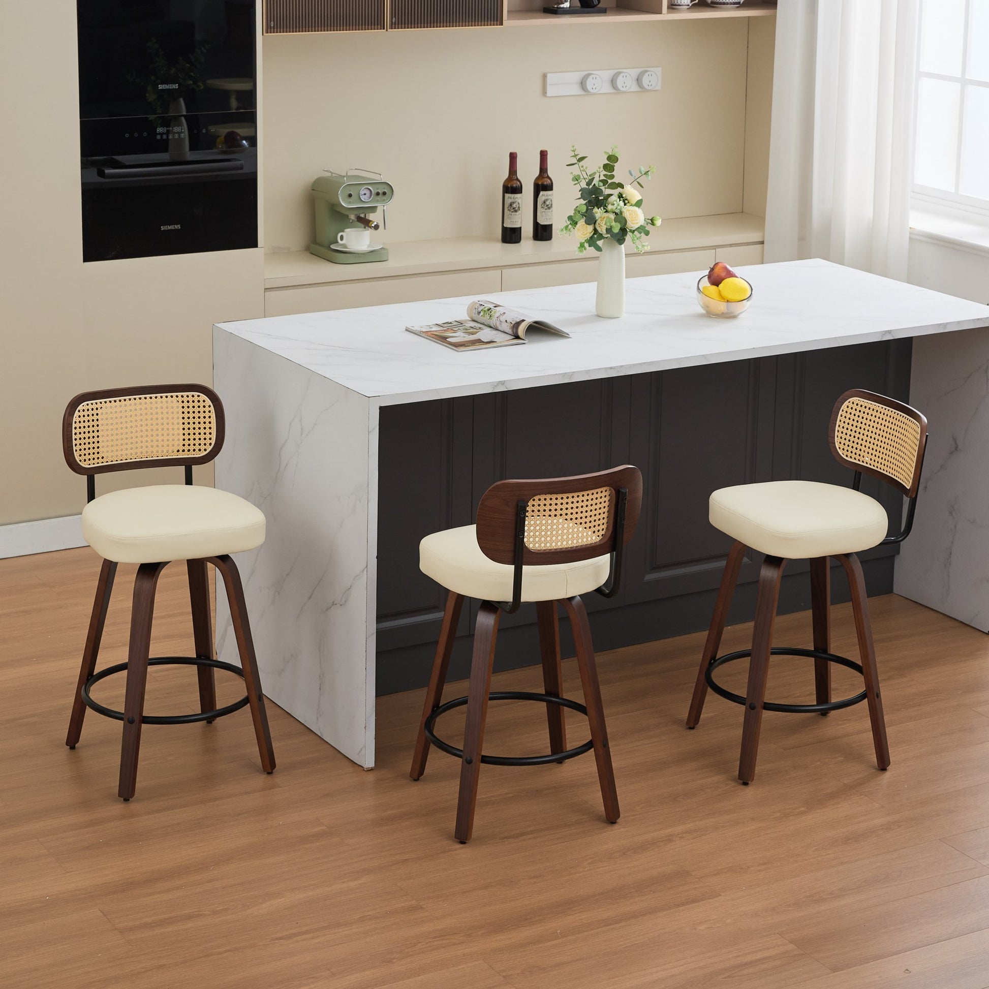 Set of 3 Counter Height Bar Stools - 26 inch Rattan Counter Height Stools with Cane Back, Upholstered Seat, Walnut Craftsmanship, Swivel Counter Stools for Island/Kitchen/Counter/Bar (Walnut /Beige)