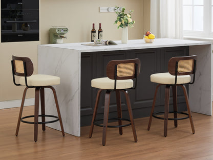 Set of 3 Counter Height Bar Stools - 26 inch Rattan Counter Height Stools with Cane Back, Upholstered Seat, Walnut Craftsmanship, Swivel Counter Stools for Island/Kitchen/Counter/Bar (Walnut /Beige)