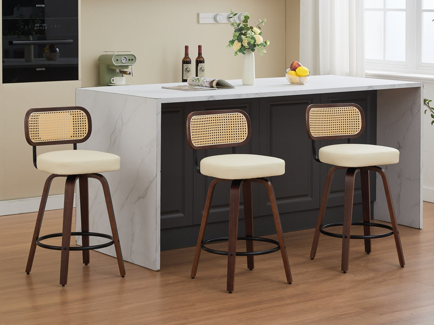 Set of 3 Counter Height Bar Stools - 26 inch Rattan Counter Height Stools with Cane Back, Upholstered Seat, Walnut Craftsmanship, Swivel Counter Stools for Island/Kitchen/Counter/Bar (Walnut /Beige)