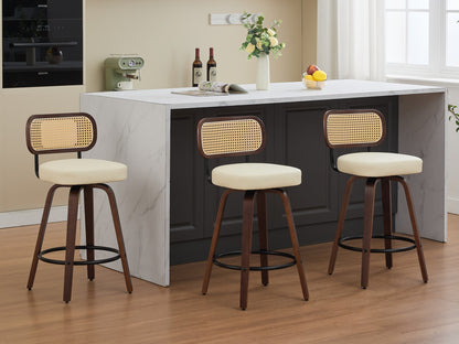 Set of 3 Counter Height Bar Stools - 26 inch Rattan Counter Height Stools with Cane Back, Upholstered Seat, Walnut Craftsmanship, Swivel Counter Stools for Island/Kitchen/Counter/Bar (Walnut /Beige)