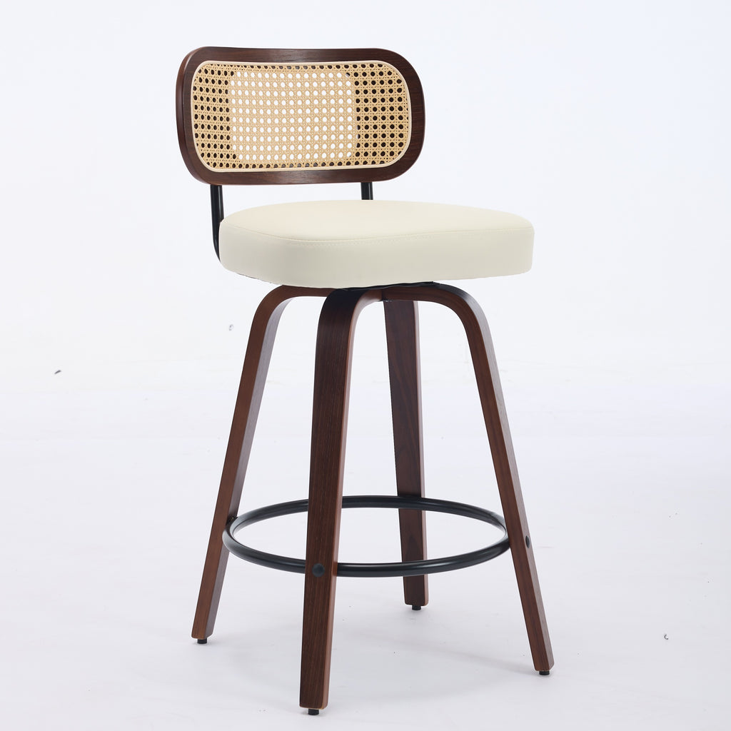 Walnut Rattan Swivel Counter Height Bar Stools.