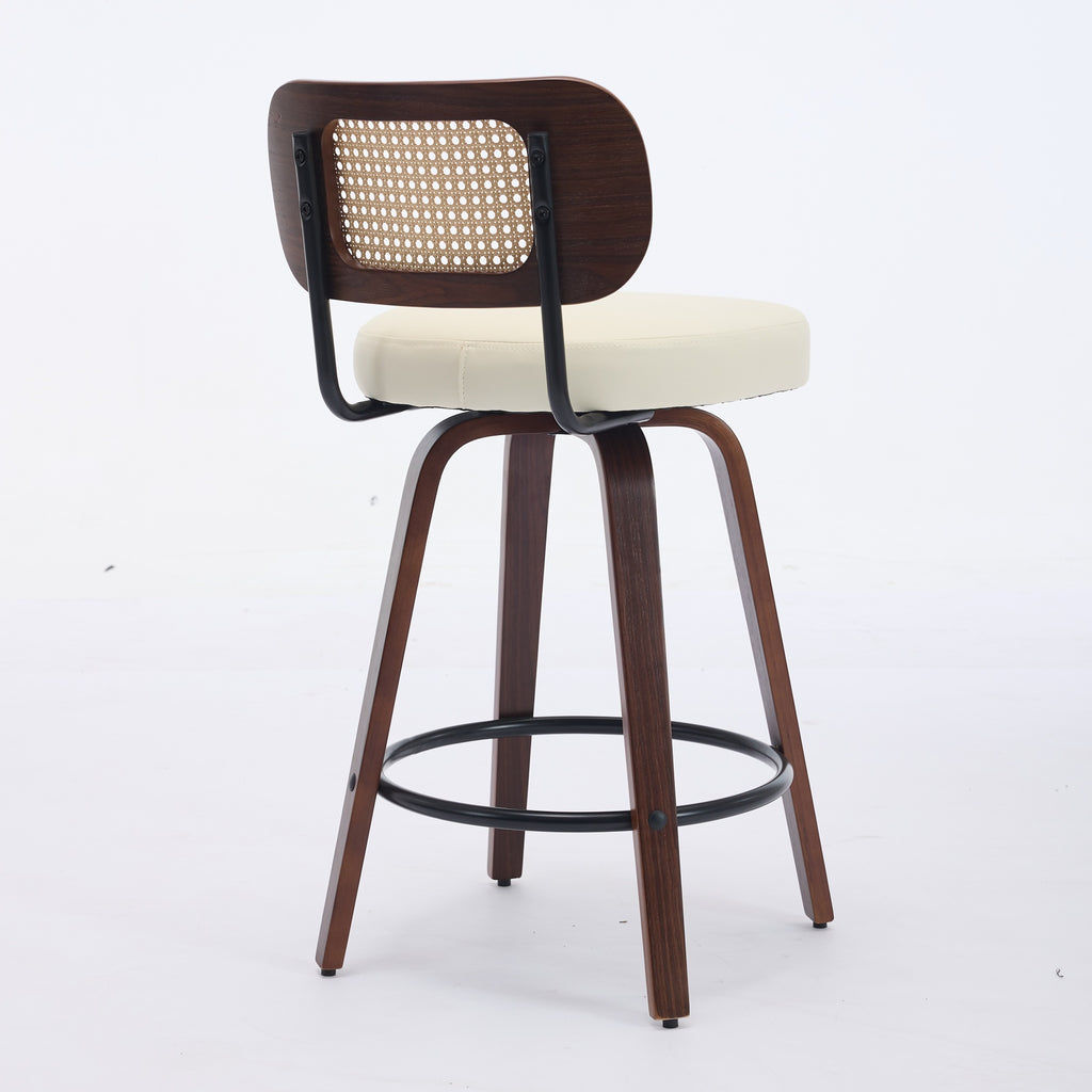 Walnut Rattan Swivel Counter Height Bar Stools.