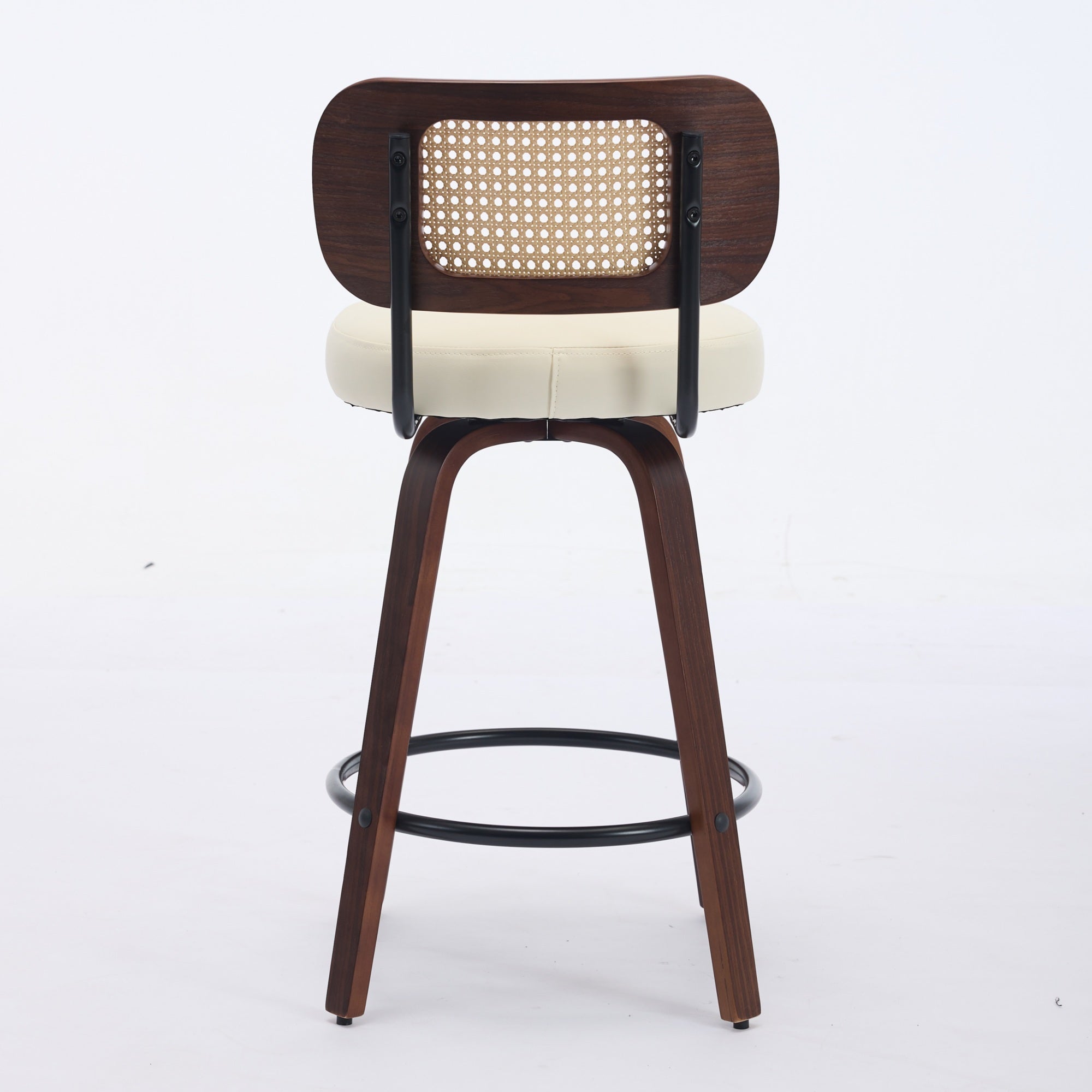 Walnut Rattan Swivel Counter Height Bar Stools.