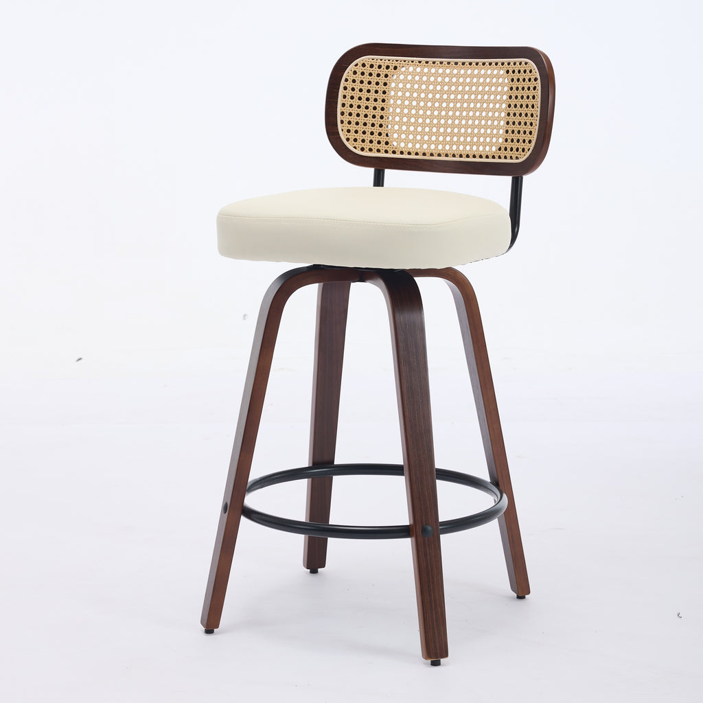 Walnut Rattan Swivel Counter Height Bar Stools.