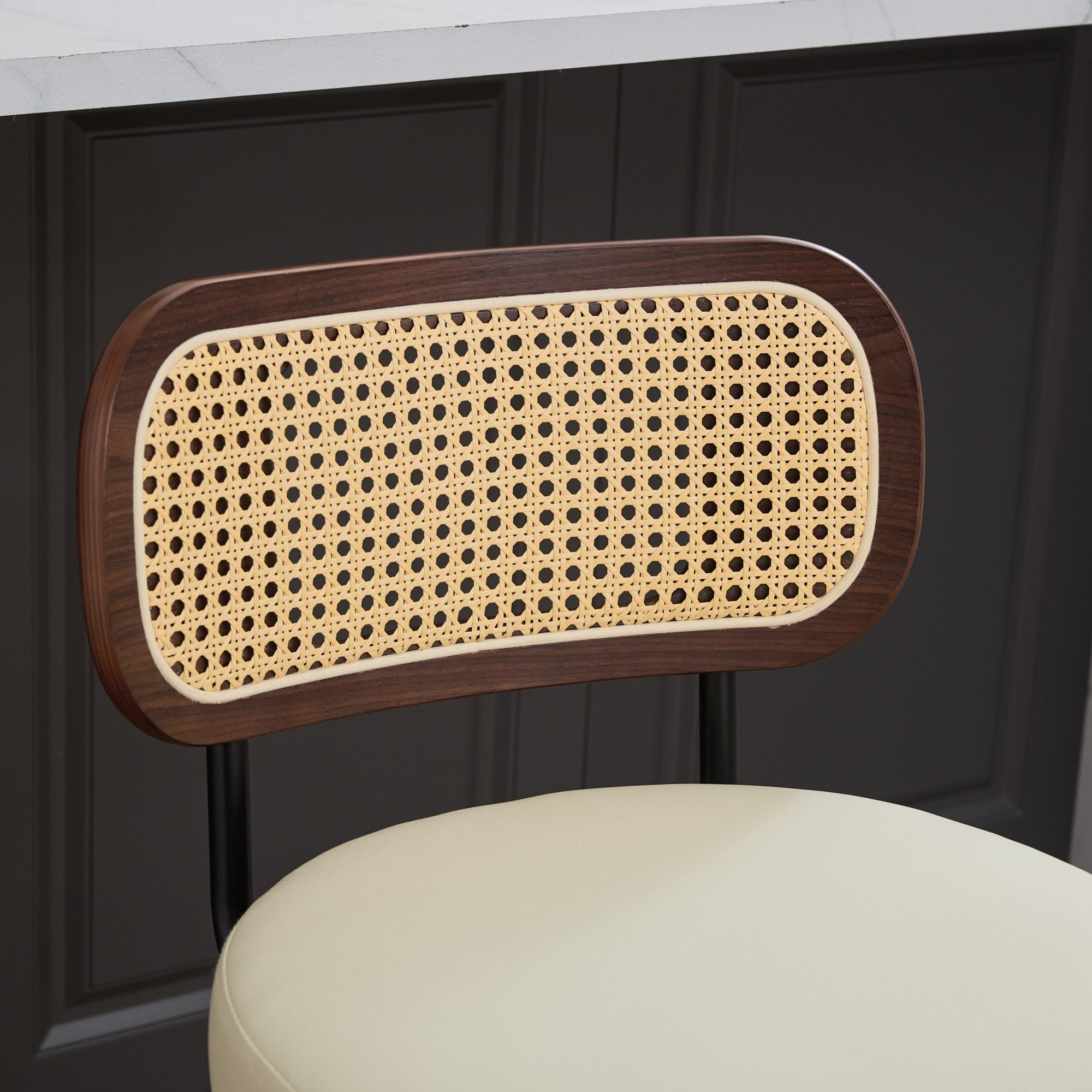 Walnut Rattan Swivel Counter Height Bar Stools.