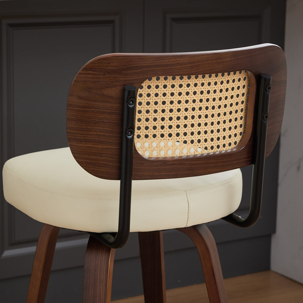 Set of 2 Counter Height Bar Stools - 26 inch Rattan Counter Height Stools with Cane Back, Upholstered Seat, Walnut Craftsmanship, Swivel Counter Stools for Island/Kitchen/Counter/Bar (Walnut /Beige)