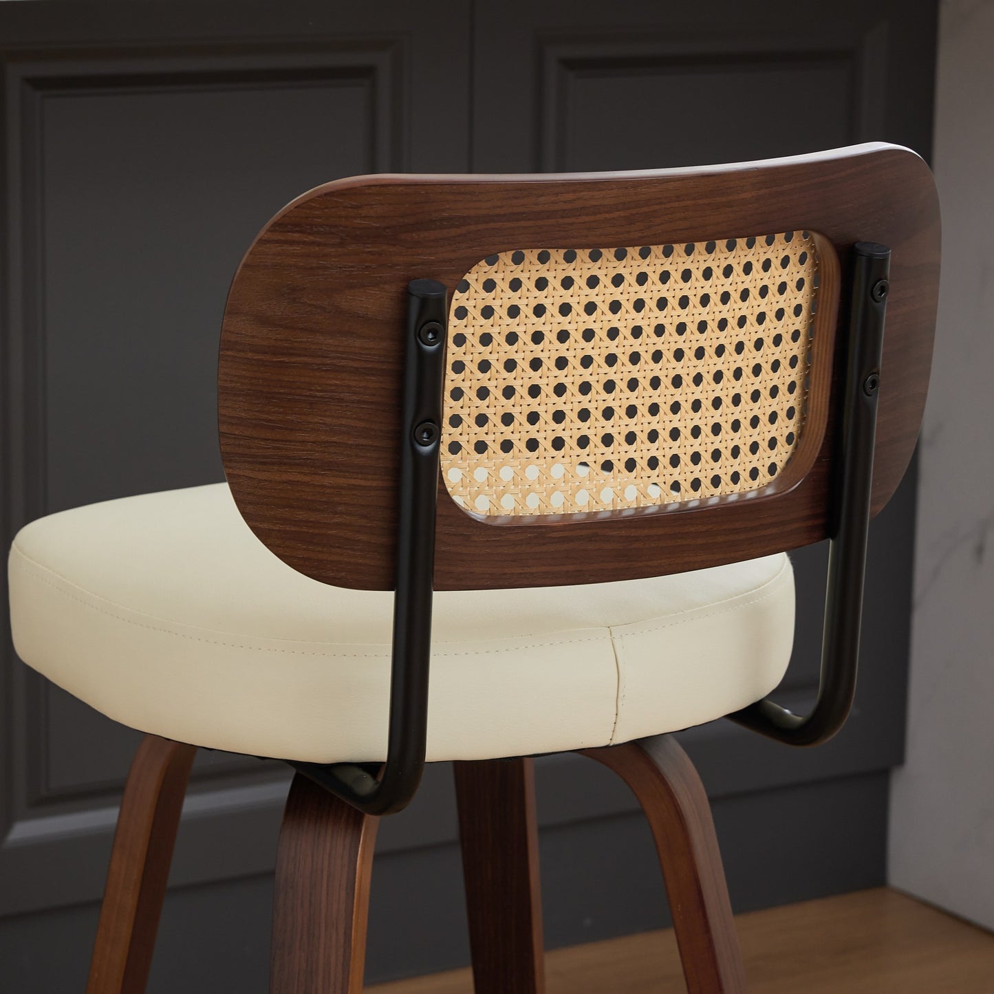 Set of 2 Counter Height Bar Stools - 26 inch Rattan Counter Height Stools with Cane Back, Upholstered Seat, Walnut Craftsmanship, Swivel Counter Stools for Island/Kitchen/Counter/Bar (Walnut /Beige)