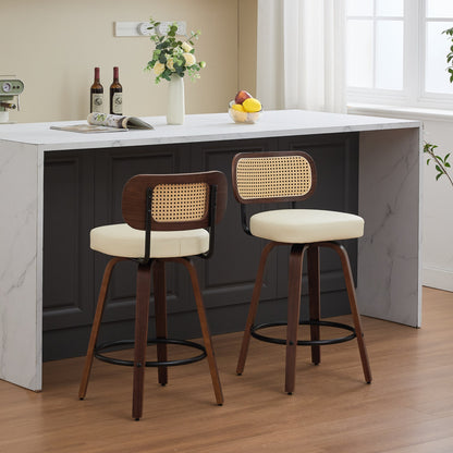Set of 2 Counter Height Bar Stools - 26 inch Rattan Counter Height Stools with Cane Back, Upholstered Seat, Walnut Craftsmanship, Swivel Counter Stools for Island/Kitchen/Counter/Bar (Walnut /Beige)