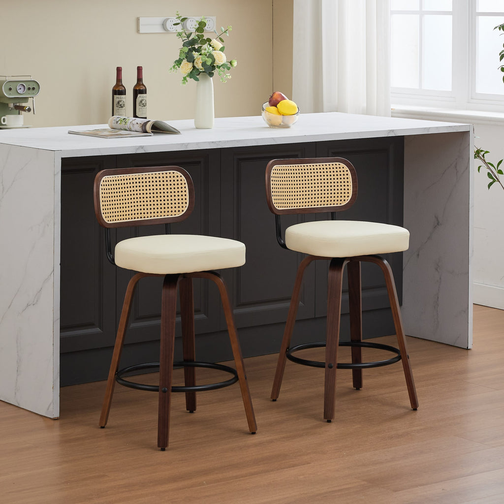 Set of 2 Counter Height Bar Stools - 26 inch Rattan Counter Height Stools with Cane Back, Upholstered Seat, Walnut Craftsmanship, Swivel Counter Stools for Island/Kitchen/Counter/Bar (Walnut /Beige)
