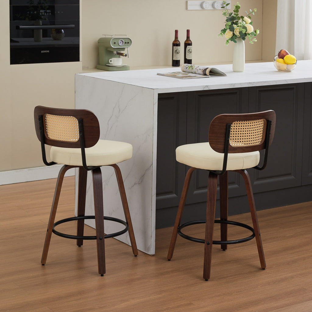 Set of 2 Counter Height Bar Stools - 26 inch Rattan Counter Height Stools with Cane Back, Upholstered Seat, Walnut Craftsmanship, Swivel Counter Stools for Island/Kitchen/Counter/Bar (Walnut /Beige)