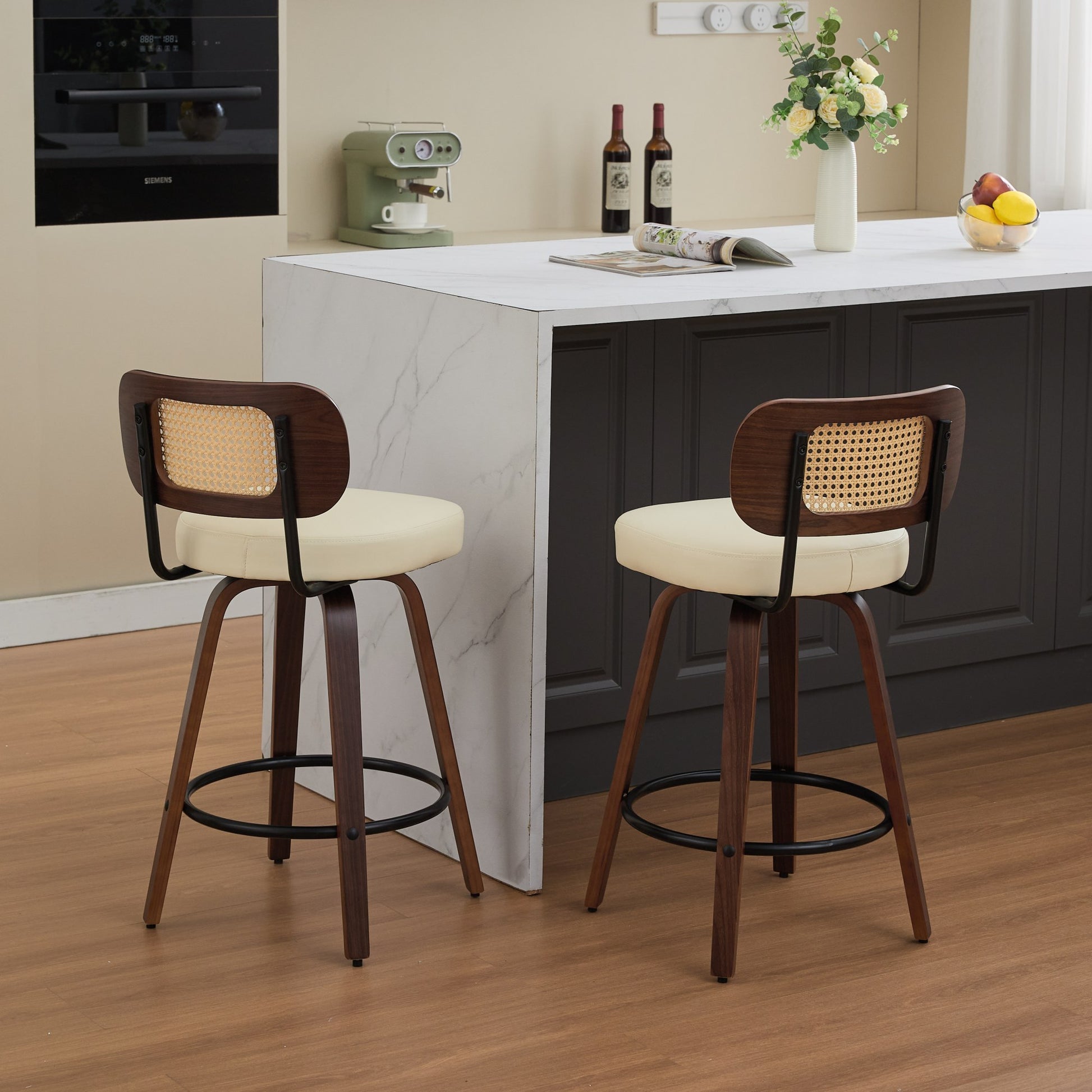 Set of 2 Counter Height Bar Stools - 26 inch Rattan Counter Height Stools with Cane Back, Upholstered Seat, Walnut Craftsmanship, Swivel Counter Stools for Island/Kitchen/Counter/Bar (Walnut /Beige)