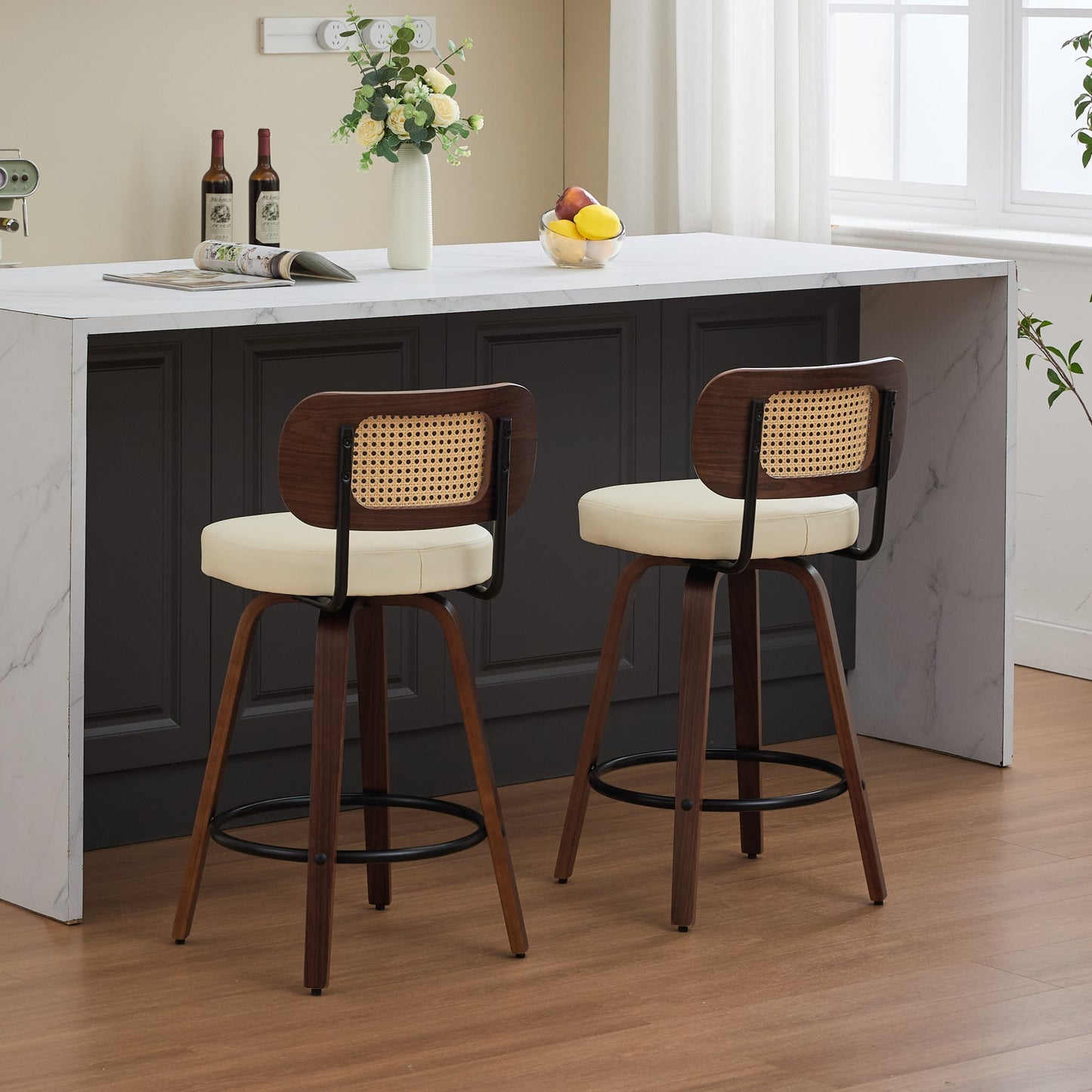 Set of 2 Counter Height Bar Stools - 26 inch Rattan Counter Height Stools with Cane Back, Upholstered Seat, Walnut Craftsmanship, Swivel Counter Stools for Island/Kitchen/Counter/Bar (Walnut /Beige)