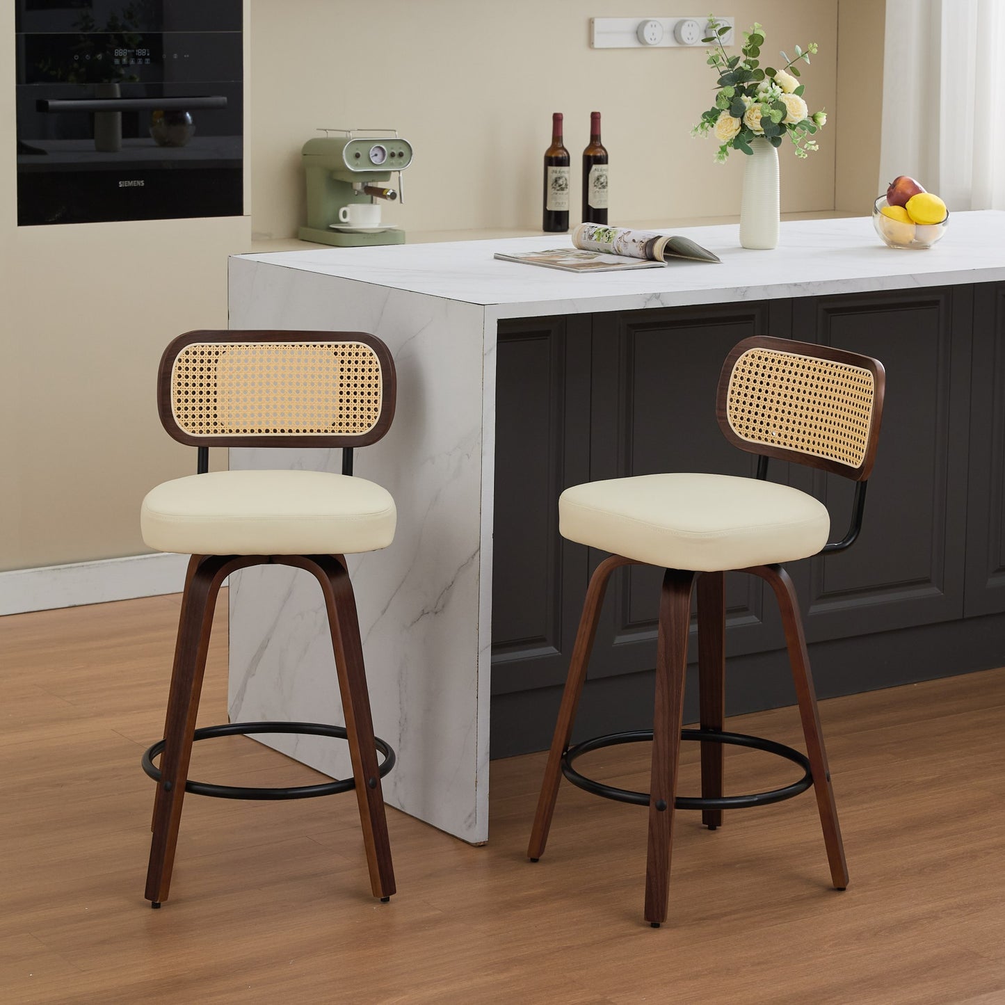 Set of 2 Counter Height Bar Stools - 26 inch Rattan Counter Height Stools with Cane Back, Upholstered Seat, Walnut Craftsmanship, Swivel Counter Stools for Island/Kitchen/Counter/Bar (Walnut /Beige)