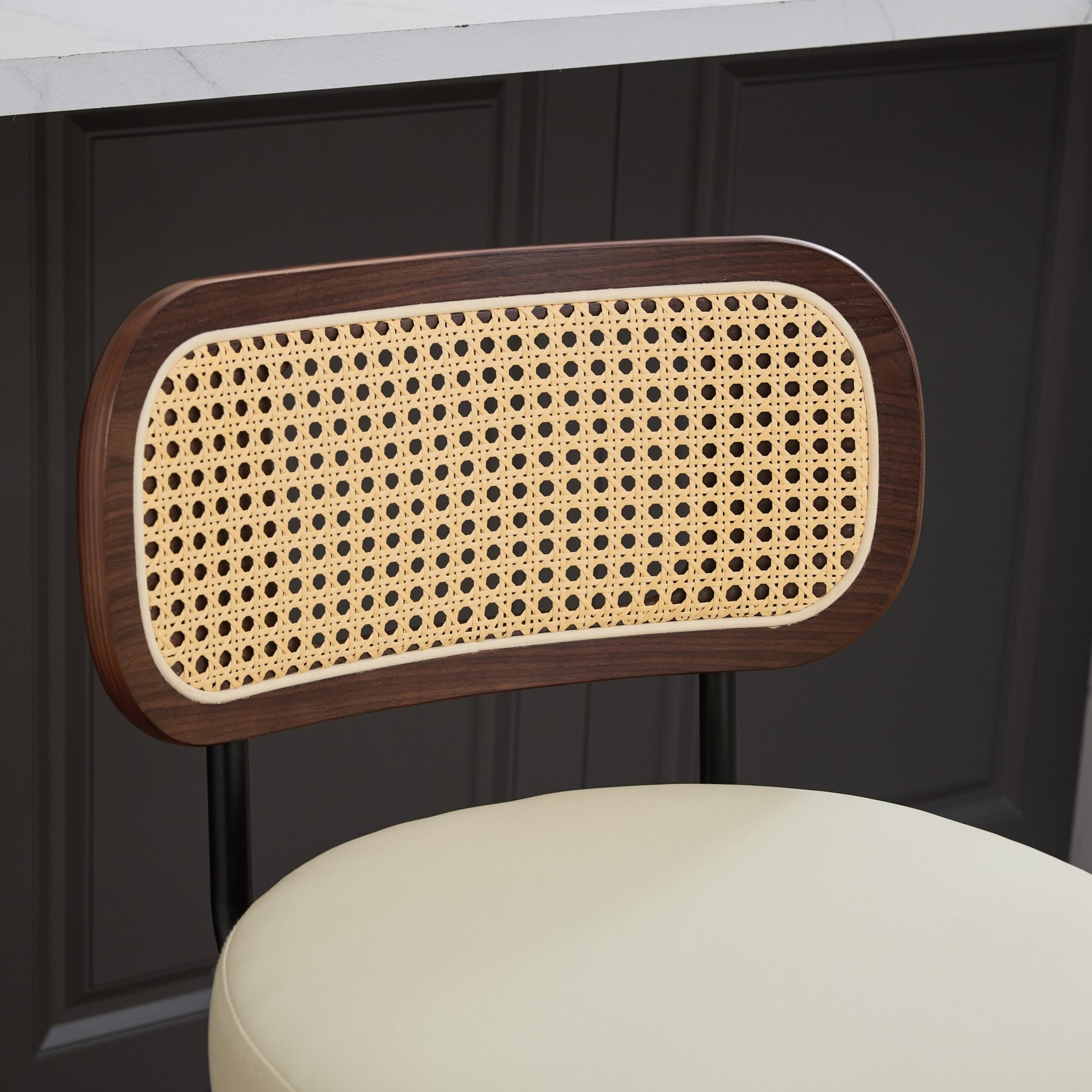 Set of 2 Counter Height Bar Stools - 26 inch Rattan Counter Height Stools with Cane Back, Upholstered Seat, Walnut Craftsmanship, Swivel Counter Stools for Island/Kitchen/Counter/Bar (Walnut /Beige)