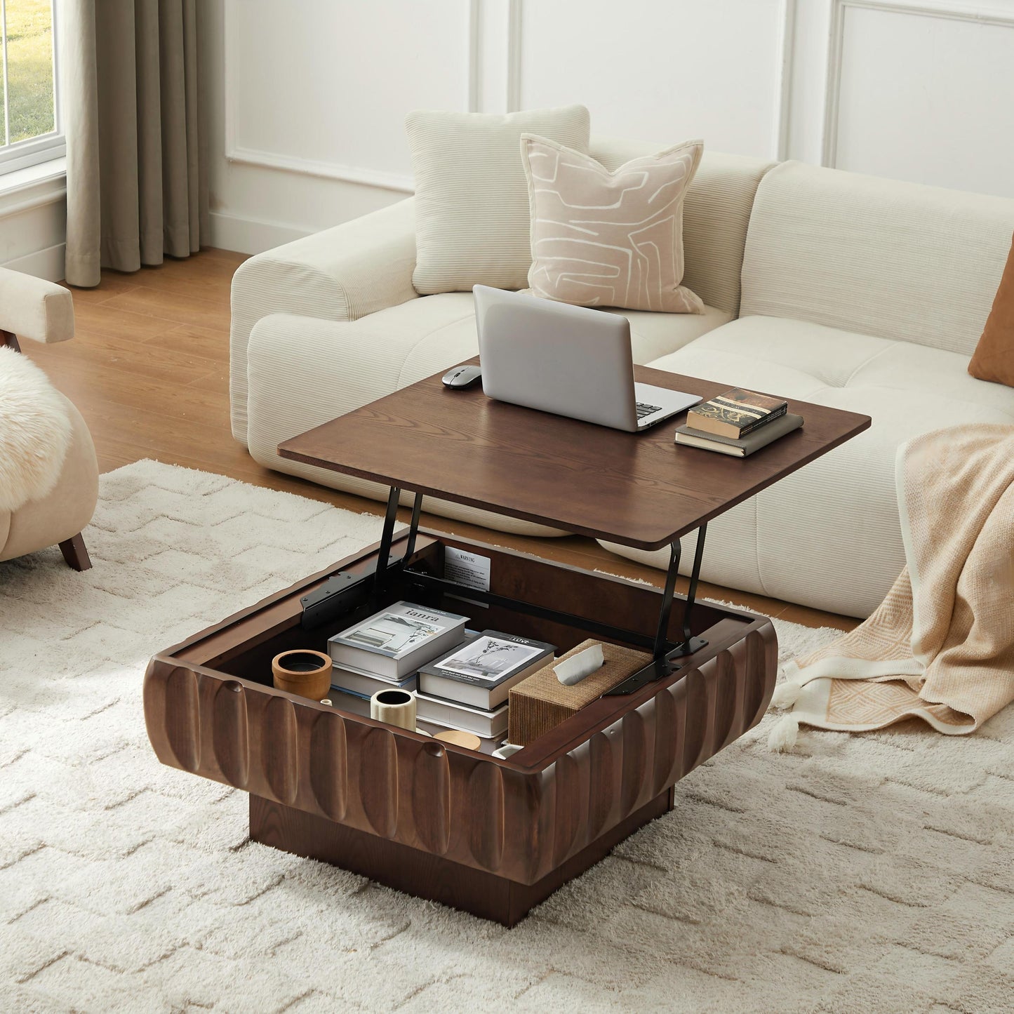 Square Lift-Top Coffee Table with Solid Wood Frame and Hidden Storage Coffee Table