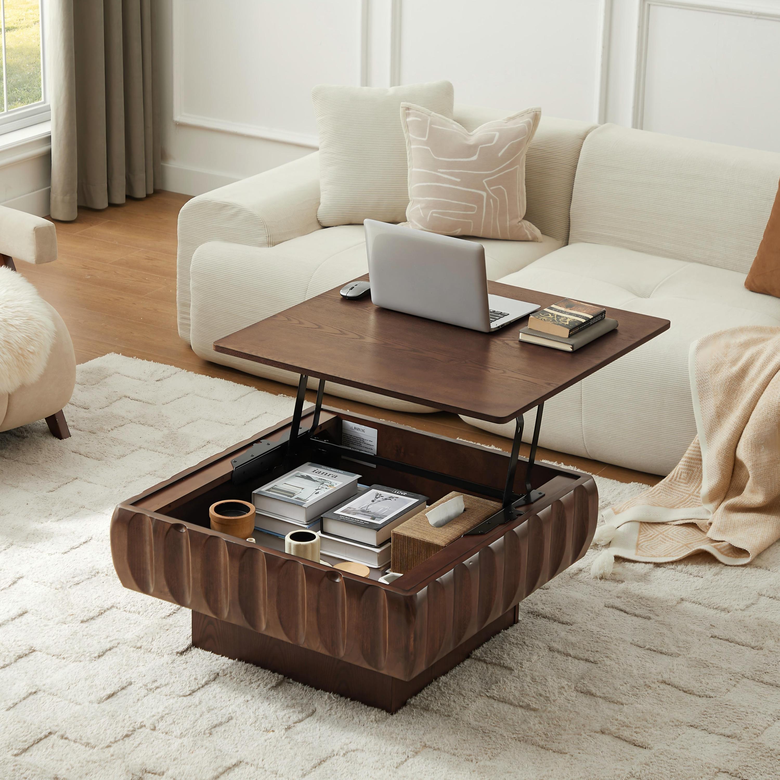 Square Lift-Top Coffee Table with Solid Wood Frame and Hidden Storage Coffee Table