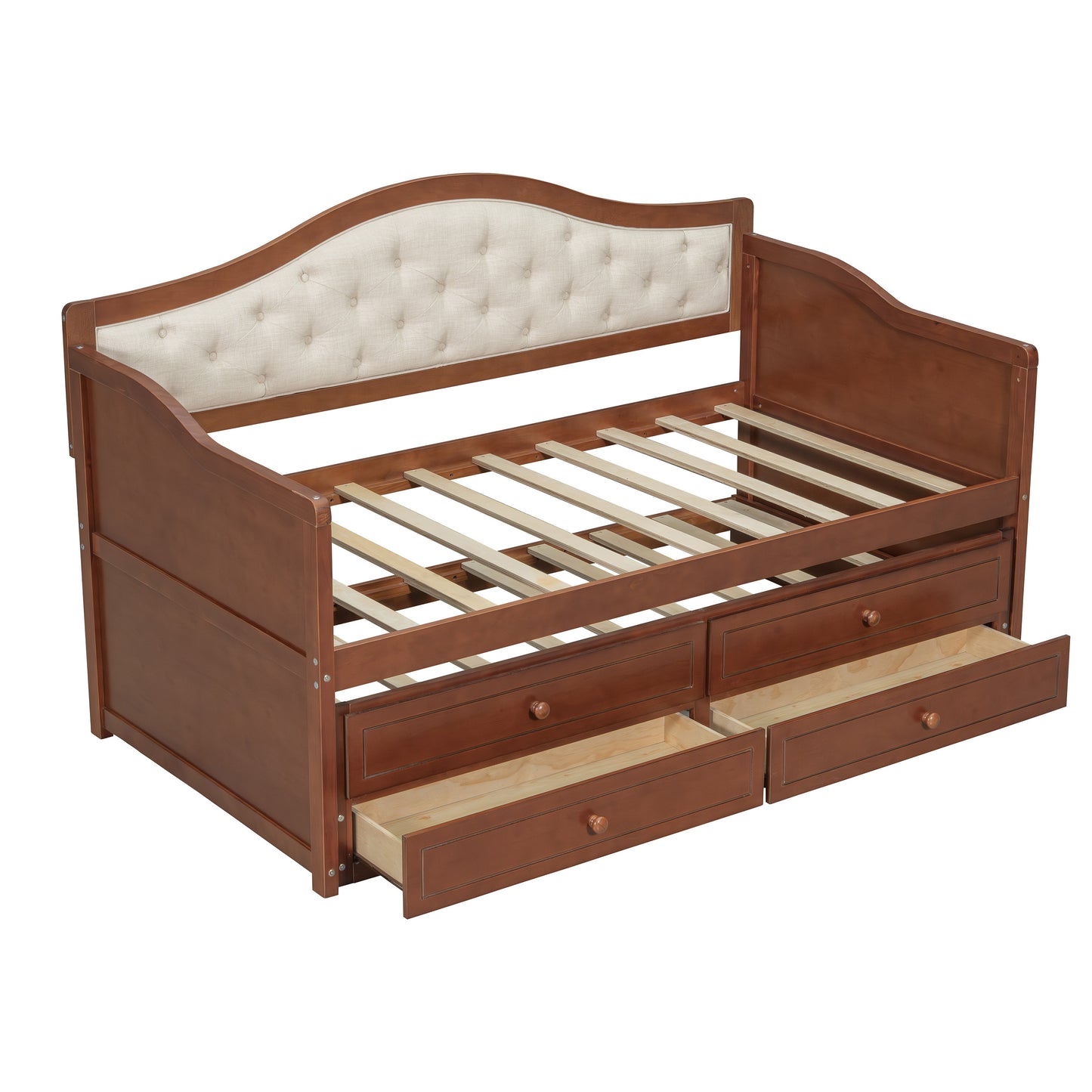Twin Daybed with Trundle, Twin Size Daybed with 2 Storage Drawers, Wooden Sofa Bed with Upholstered Button Tufted Backrest for Living Room, Bedroom, Guest Room,Walnut Daybeds