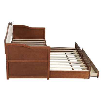 Twin Daybed with Trundle, Twin Size Daybed with 2 Storage Drawers, Wooden Sofa Bed with Upholstered Button Tufted Backrest for Living Room, Bedroom, Guest Room,Walnut Daybeds